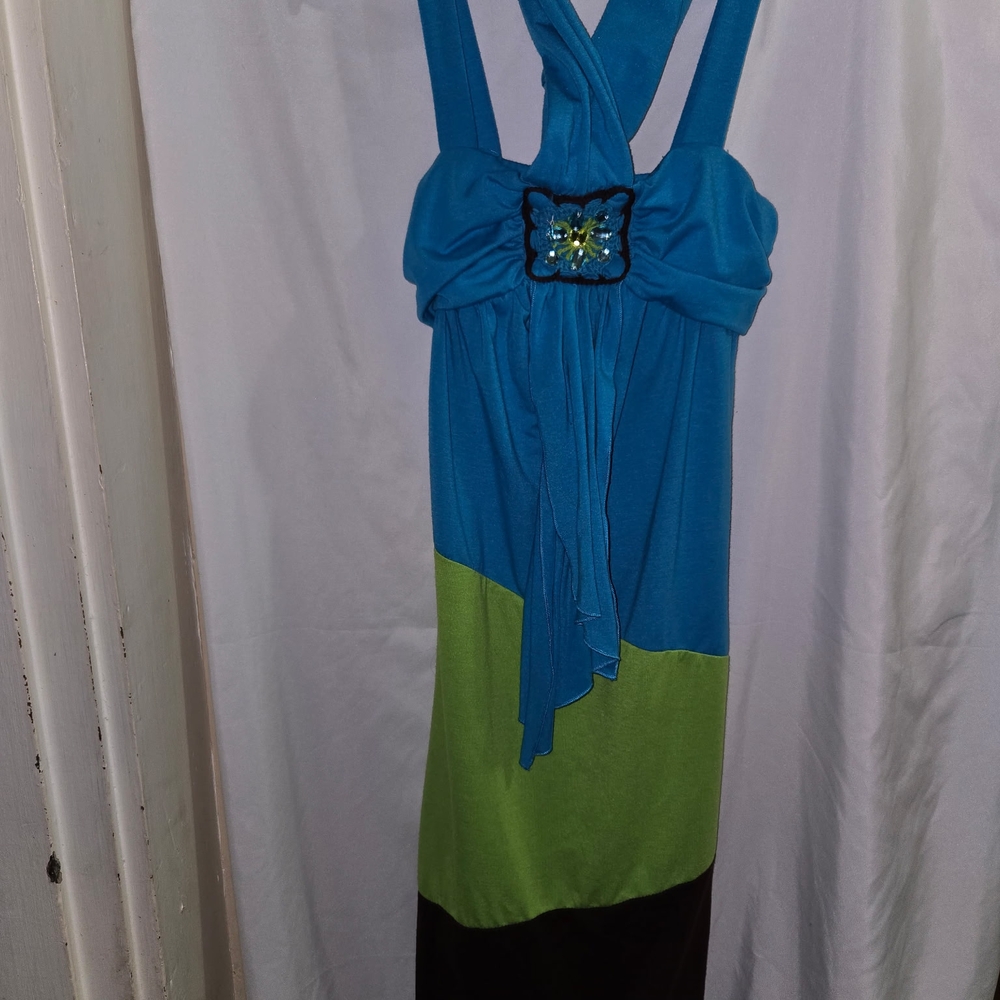Blue and Green Halter Dress with Embellishment